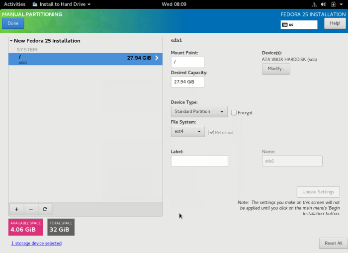 Fedora 25 Workstation 安装指南