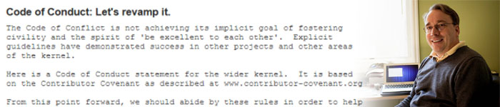 Linus已经确定将 Code of Conduct 行为准则应用于 Linux 内核